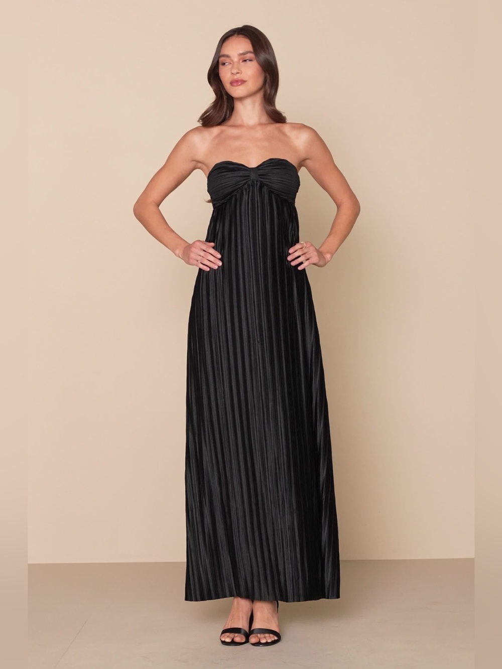 Lulus Whimsical Beauty Black Satin Plisse Strapless Maxi Dress L NWT